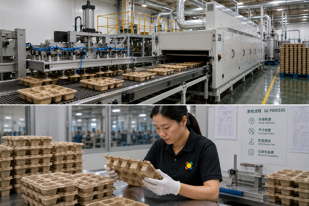 Molded pulp packaging production line and quality inspection process with finished fiber tray products