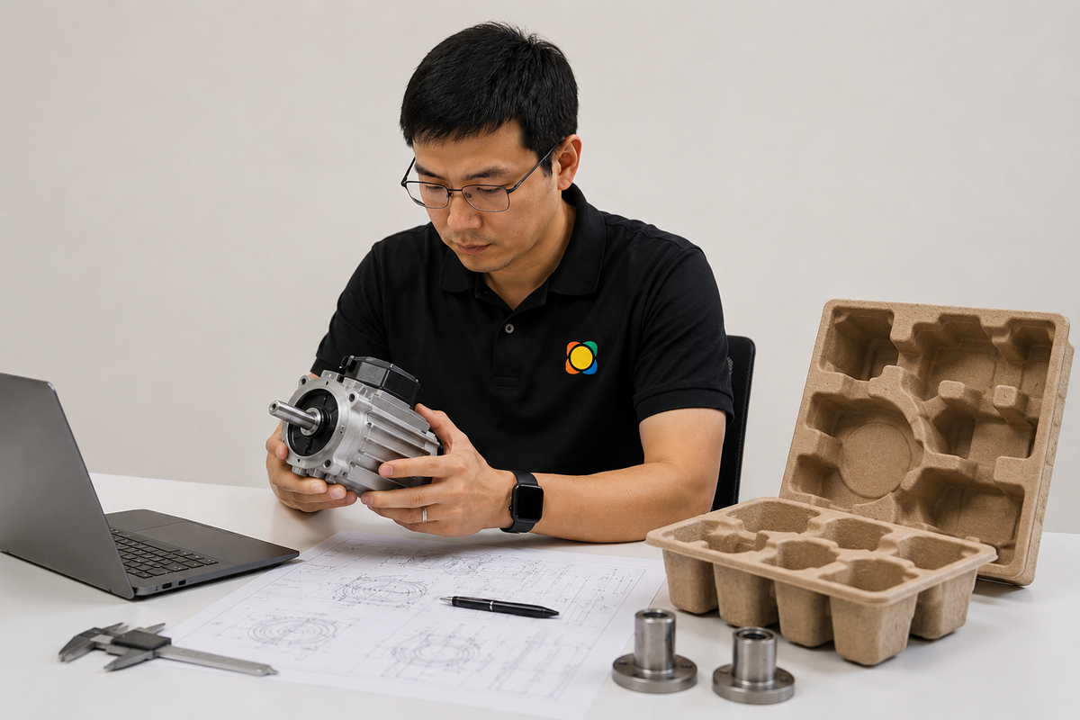 Engineer reviewing an industrial motor and molded pulp tray prototype for custom packaging design
