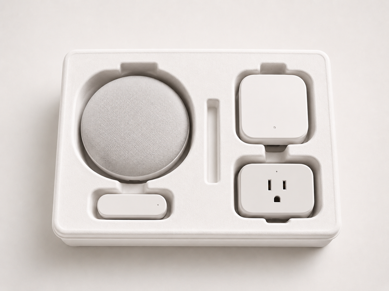 White molded pulp packaging insert for smart speaker, smart plug, sensor, and connected home devices