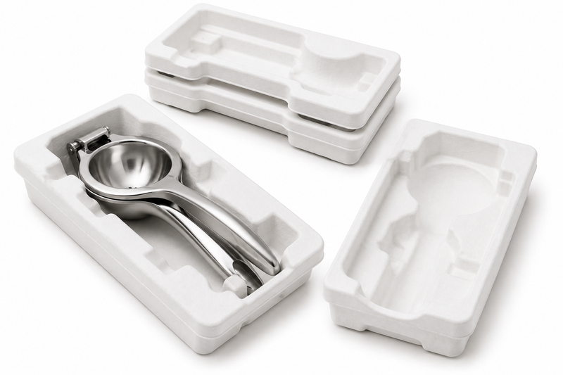 White molded pulp tray for stainless steel lemon squeezer packaging