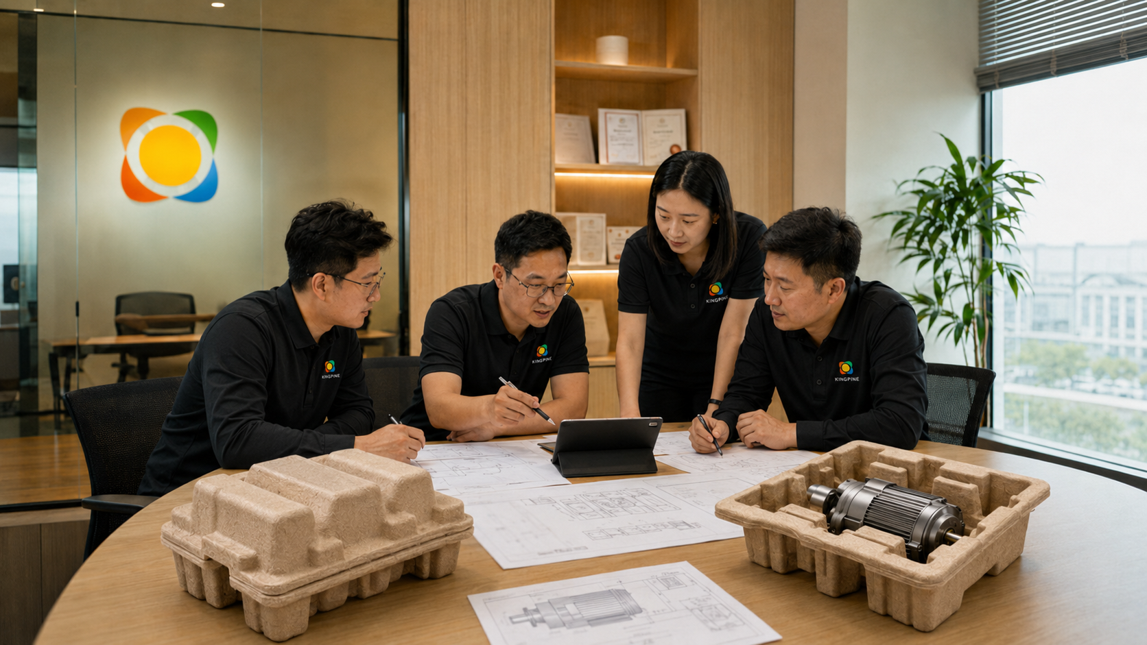 Molded pulp packaging team discussing custom tray design for industrial motor protection with product samples and drawings