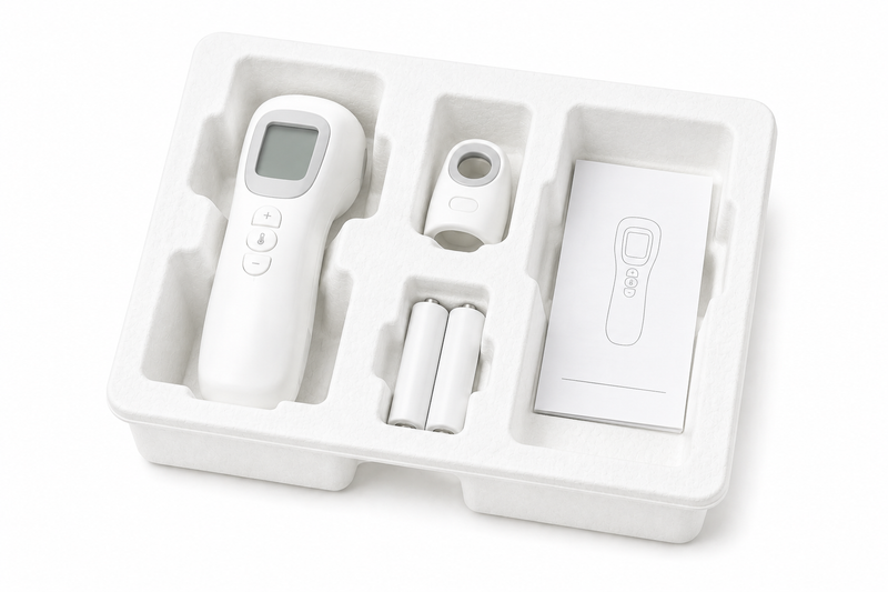 Molded pulp thermometer and health monitoring device packaging