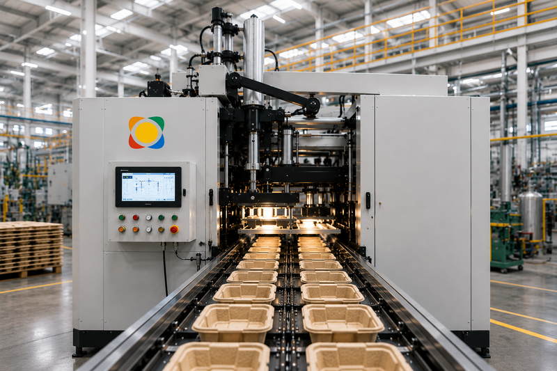 Automated molded pulp packaging production line forming fiber trays in a factory