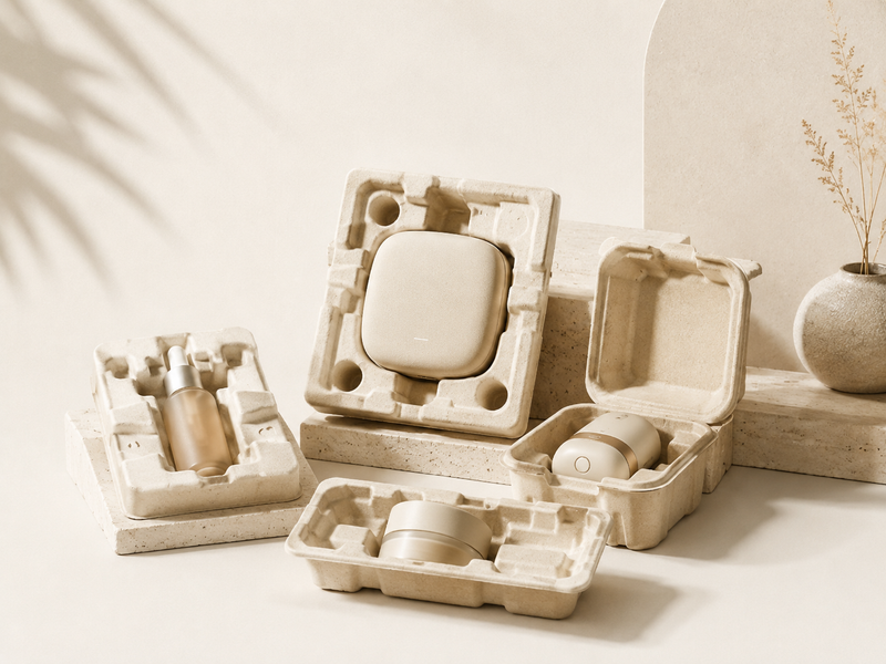 Premium molded pulp packaging inserts for personal care products, electronics accessories, and protective product trays