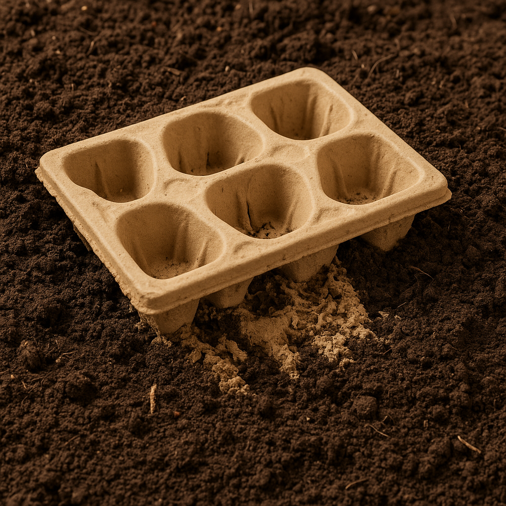 Pulp seedling pots placed in soil, demonstrating their use for planting and germination, it is biodegradable