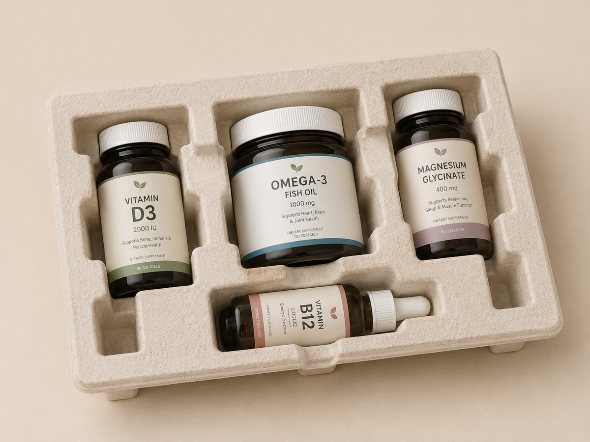 Custom molded pulp insert for vitamin, omega-3, magnesium, and liquid supplement bottle packaging