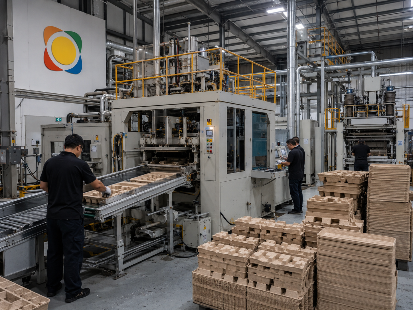 Molded pulp packaging factory production line with workers handling fiber trays and stacked finished products