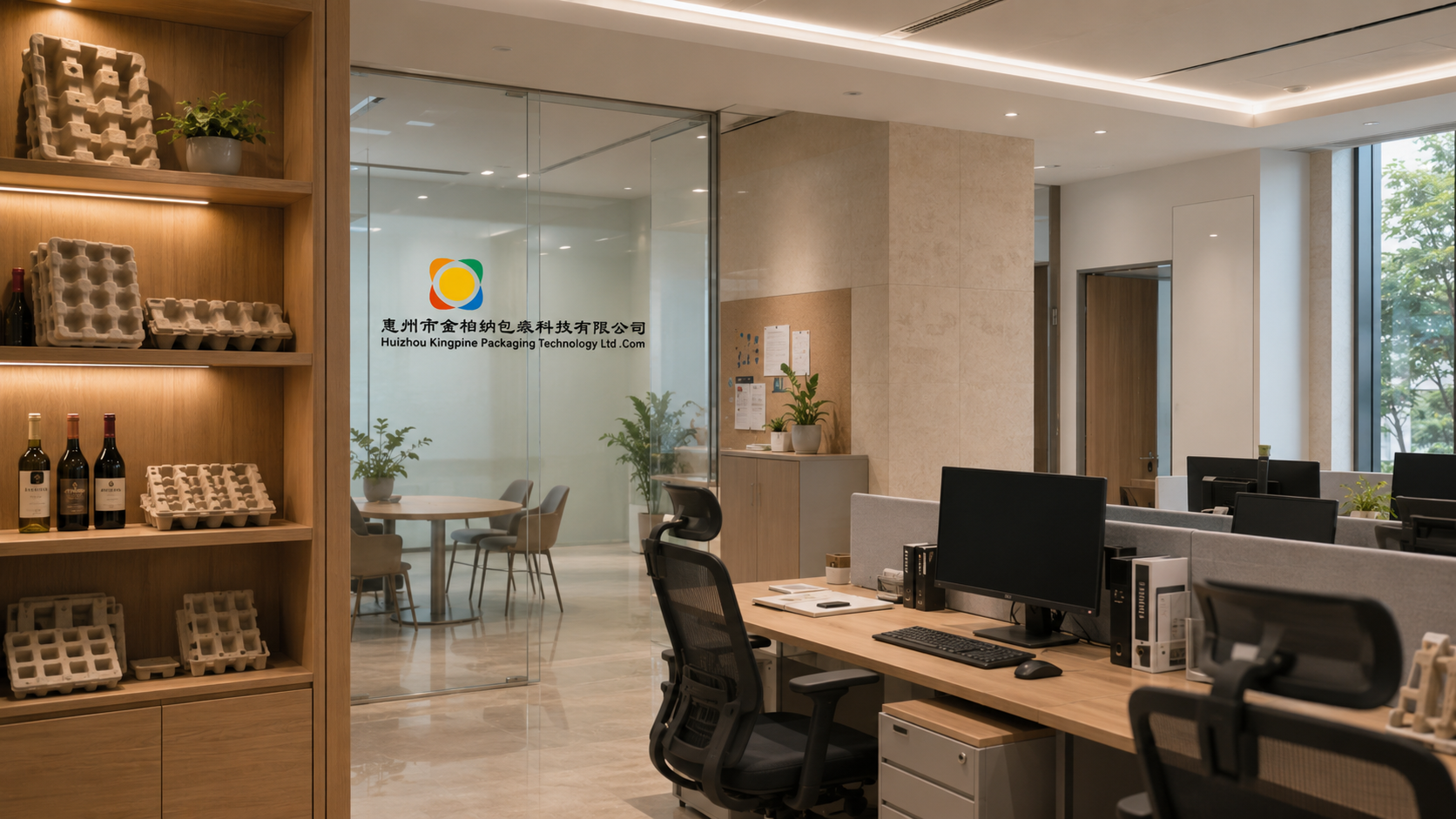 Modern office workspace with molded pulp packaging samples displayed on shelves and company logo on glass wall