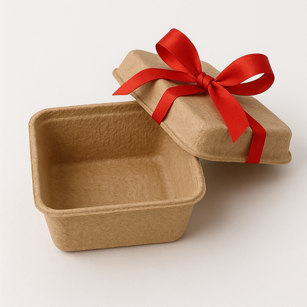 An open corrugated pulp gift box next to its lid, highlighting its reusable and simple two-piece design