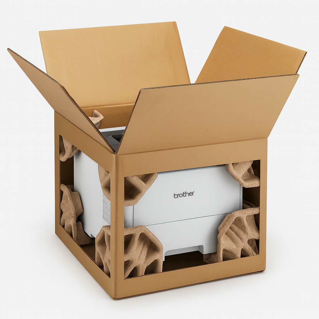 Corrugated cardboard box with custom molded pulp inserts for protecting a pool robot during shipping