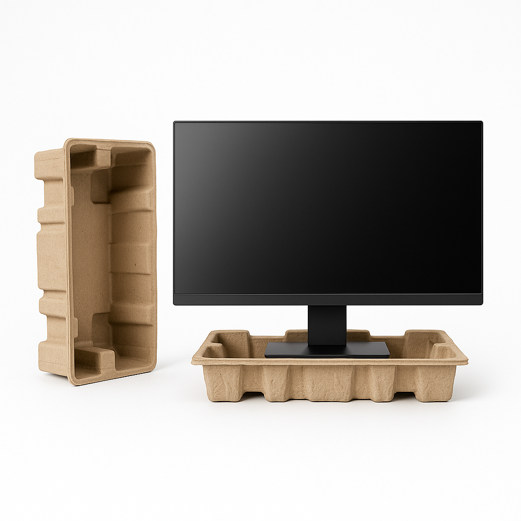 Eco-friendly dry-pressed molded pulp monitor packaging with a monitor, offering shockproof and drop-resistant protection