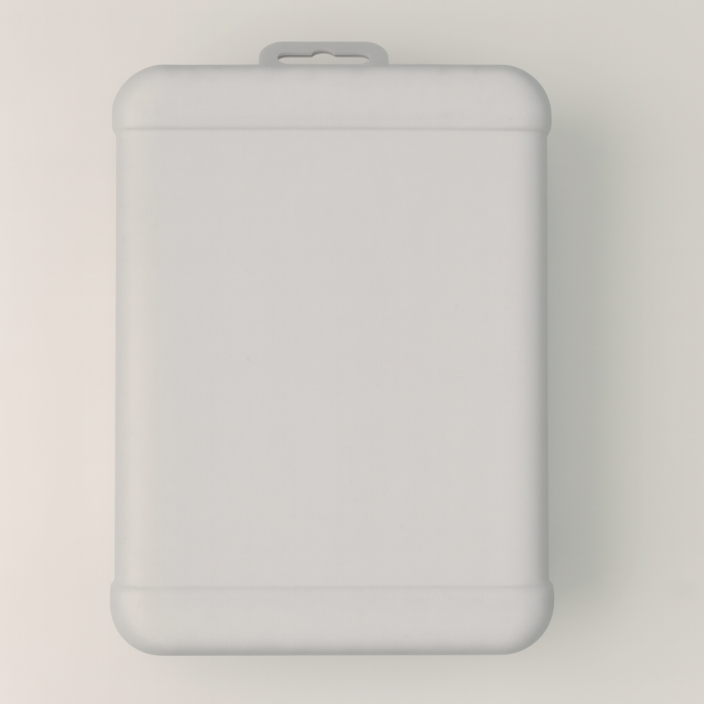 Closed white molded pulp headphone packaging box, showcasing its sleek and compact design