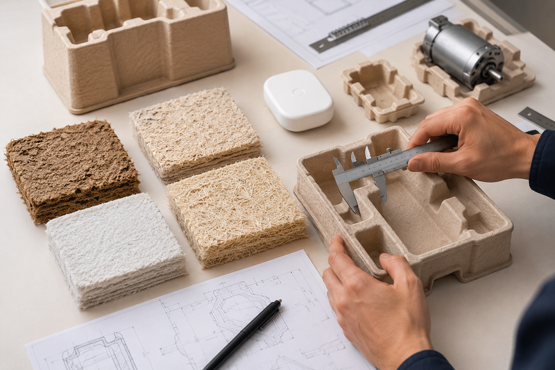 Molded pulp material selection process with fiber samples, custom tray prototype, caliper, and packaging design drawings