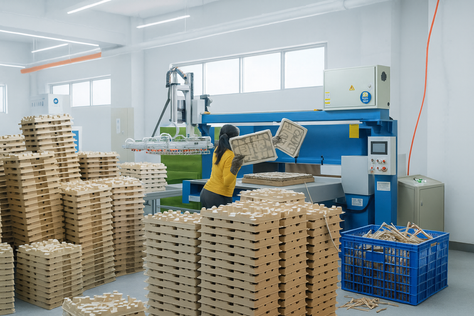 An interior view of a molded fiber packaging factory, showing a worker operating a large blue production machine. Tall stacks of finished light brown, eco-friendly molded pulp trays are visible in the foreground, ready for shipment. The worker is handling newly produced trays, demonstrating the hands-on aspect of sustainable manufacturing