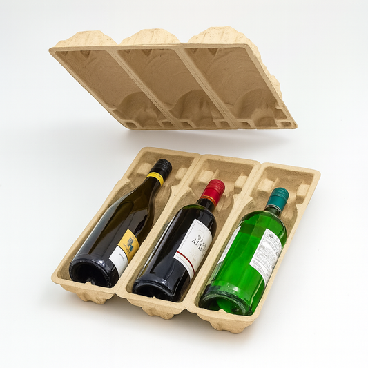 Eco-friendly molded pulp wine bottle packaging, featuring a three-bottle tray and a top cover for secure transport of glass bottles