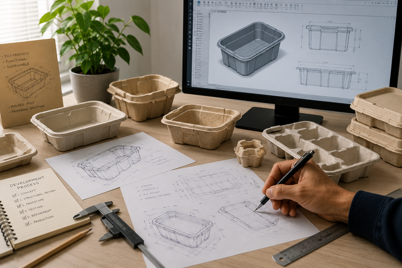 Molded pulp packaging design workspace with product samples, technical drawings, and 3D modeling