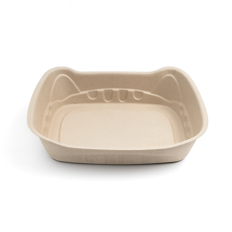 An eco-friendly, light-colored disposable pet toilet or cat litter box with cute cat ears design