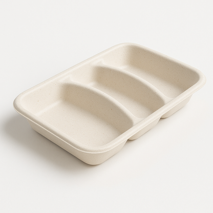Three-compartment biodegradable pulp meal tray for separating different foods