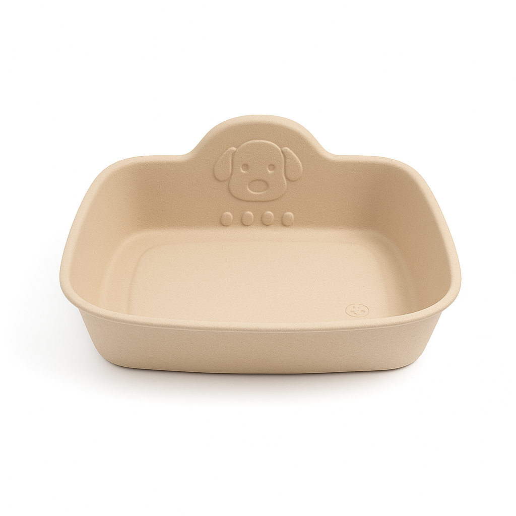 A beige, eco-friendly molded pulp pet bowl or cat litter box with a cute dog face design