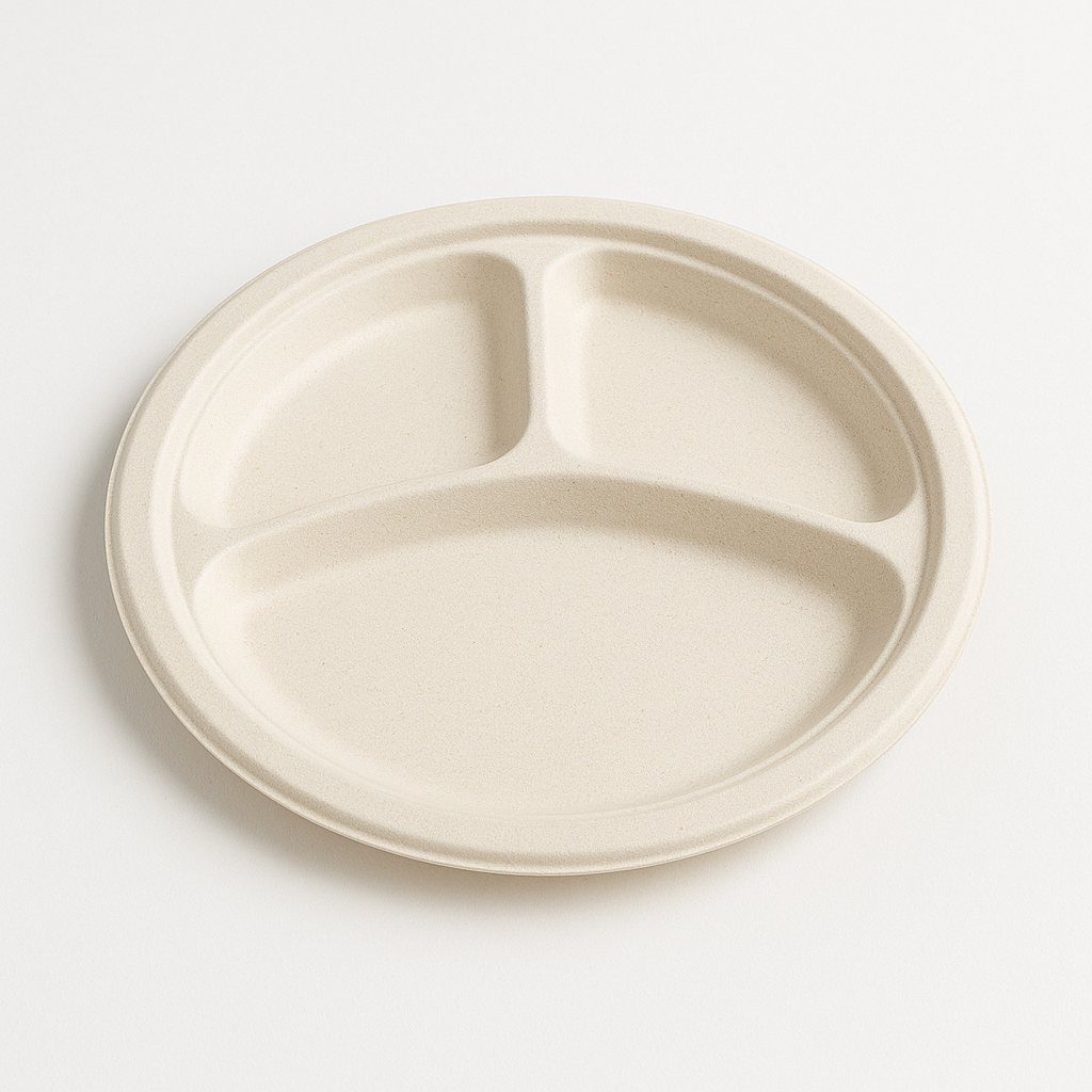 Eco-friendly divided pulp round plate with three sections for serving