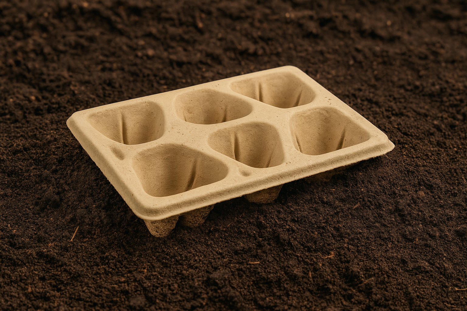 Pulp seedling pots placed in soil, demonstrating their use for planting and germination
