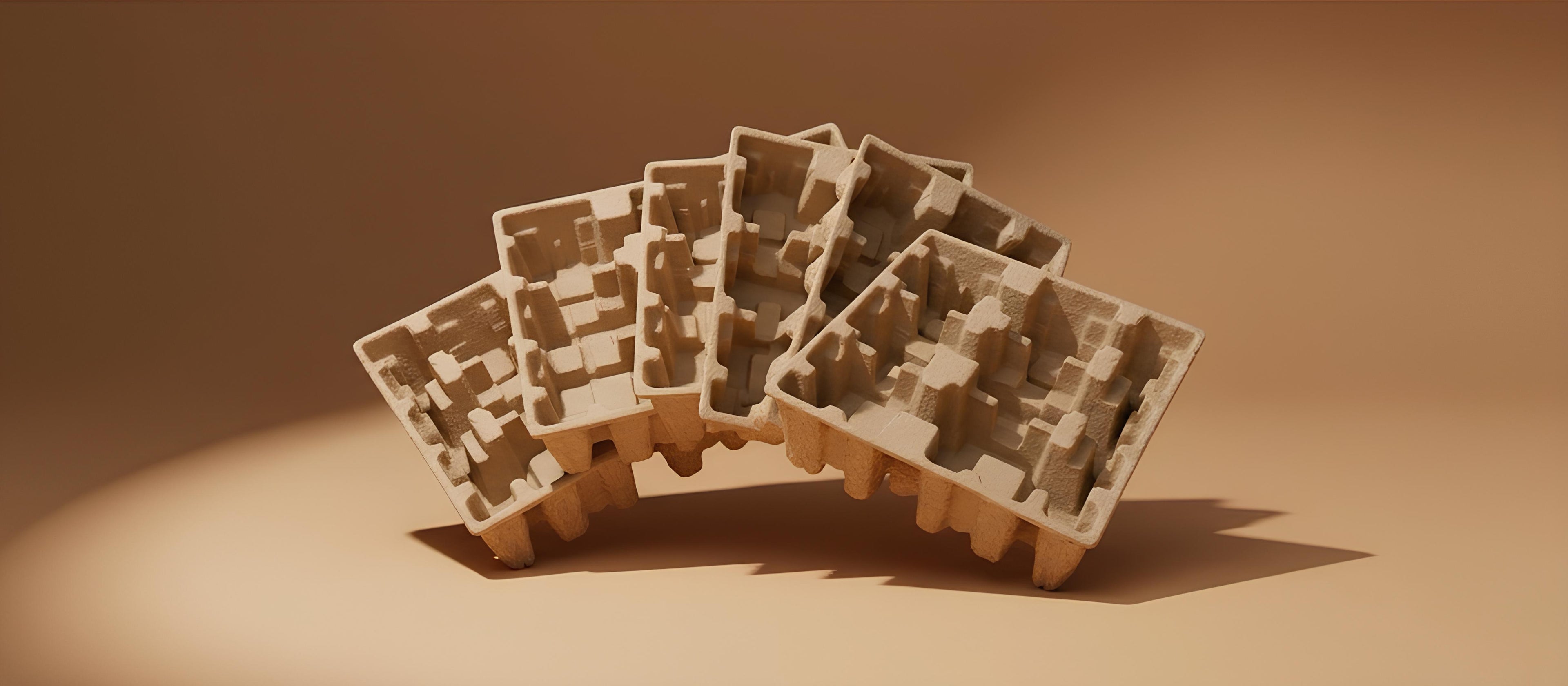 A stack of six light brown, molded fiber packaging trays, typically used for protecting fragile items during shipping, are arranged in a fanned-out pattern on a light brown surface. The trays have a rough, textured appearance and distinct geometric indentations designed to cradle products. A soft spotlight illuminates the front of the stack, creating subtle shadows behind and to the right of the trays, enhancing their three-dimensional form against the warm, monochromatic background. This image highlights s