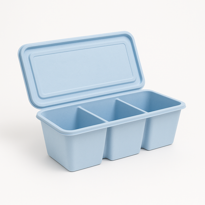 An open light-blue storage box with a multi-compartment design, ideal for organizing small items