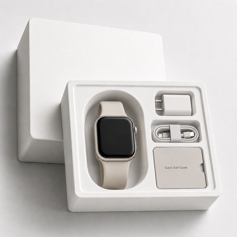 Custom white molded pulp tray for smartwatch packaging with charger, charging cable, and instruction card