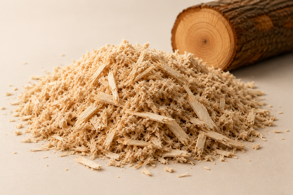 Wood pulp fibers and wood shavings with a log cross-section for molded pulp packaging material